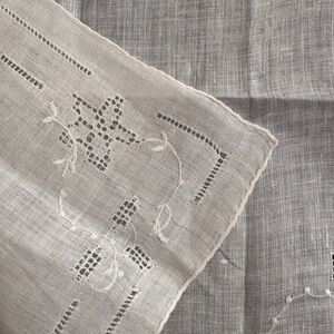 Antique Off White Linen Handkerchief with Hand-Made Drawn Thread Work